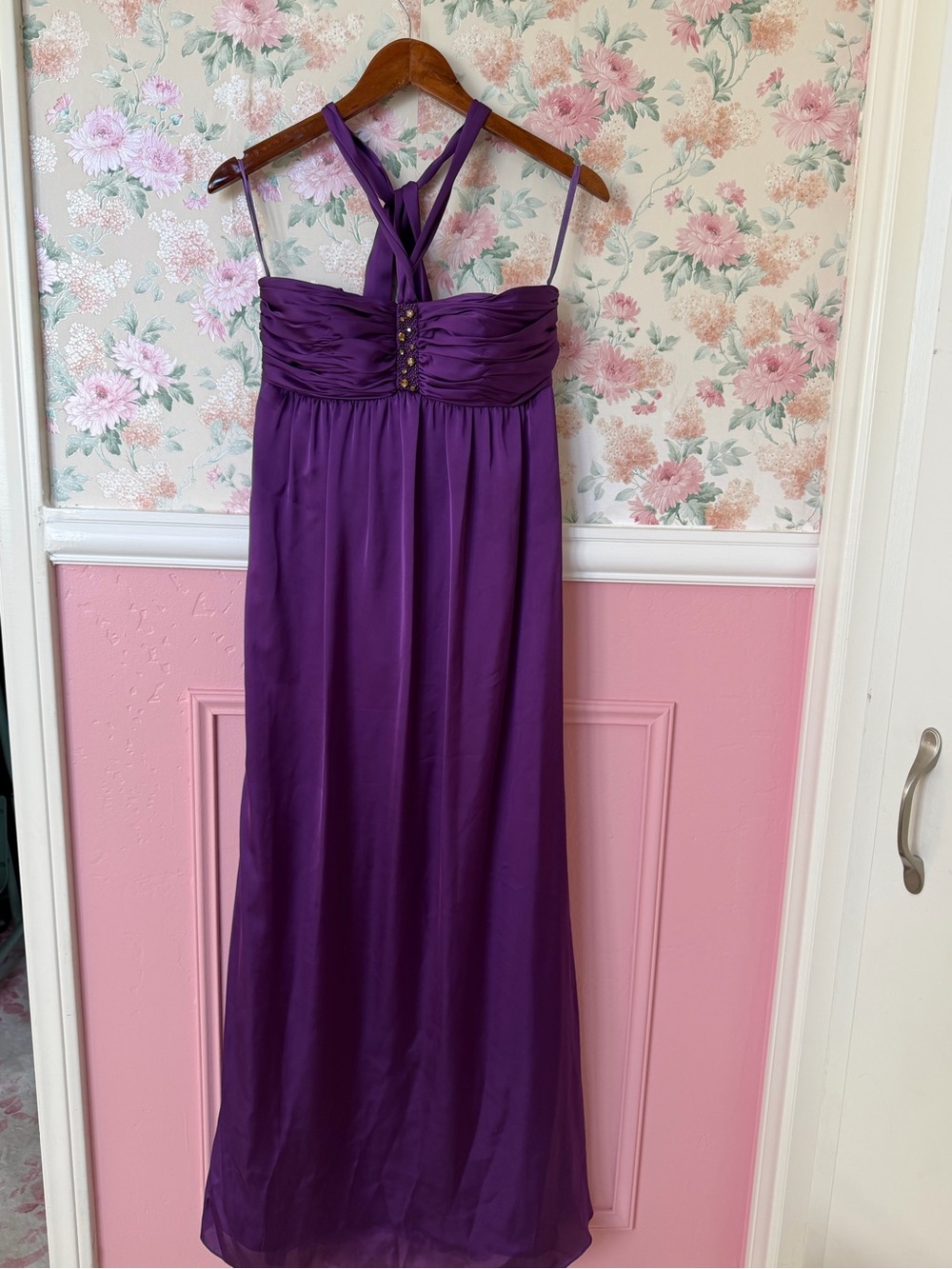 BCBG Purple Satin Ruched Evening Dress